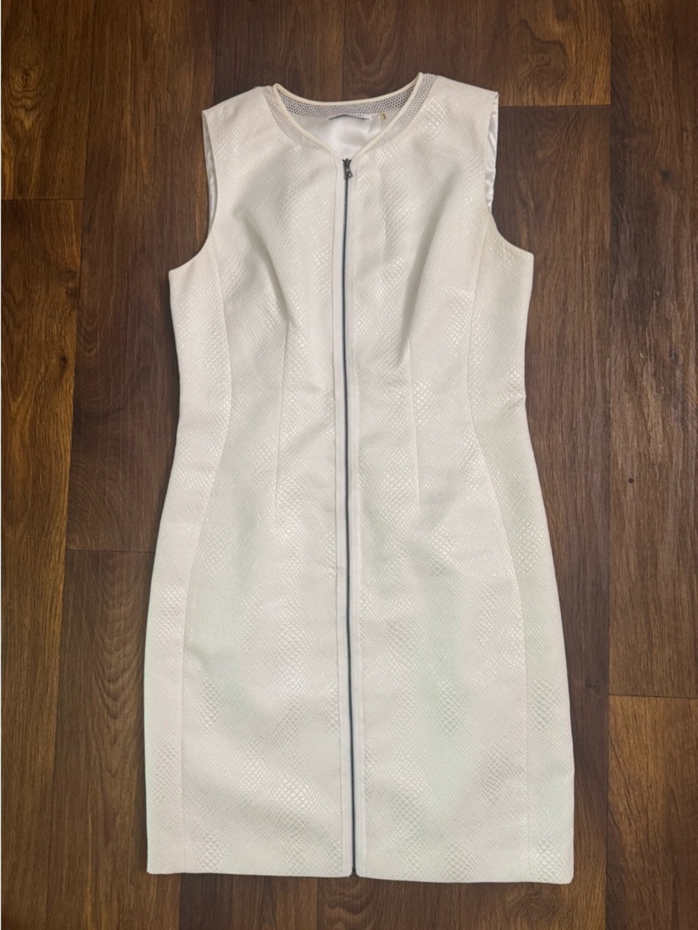 Tahari White Sleeveless Zip-Front Midi Sheath Dress